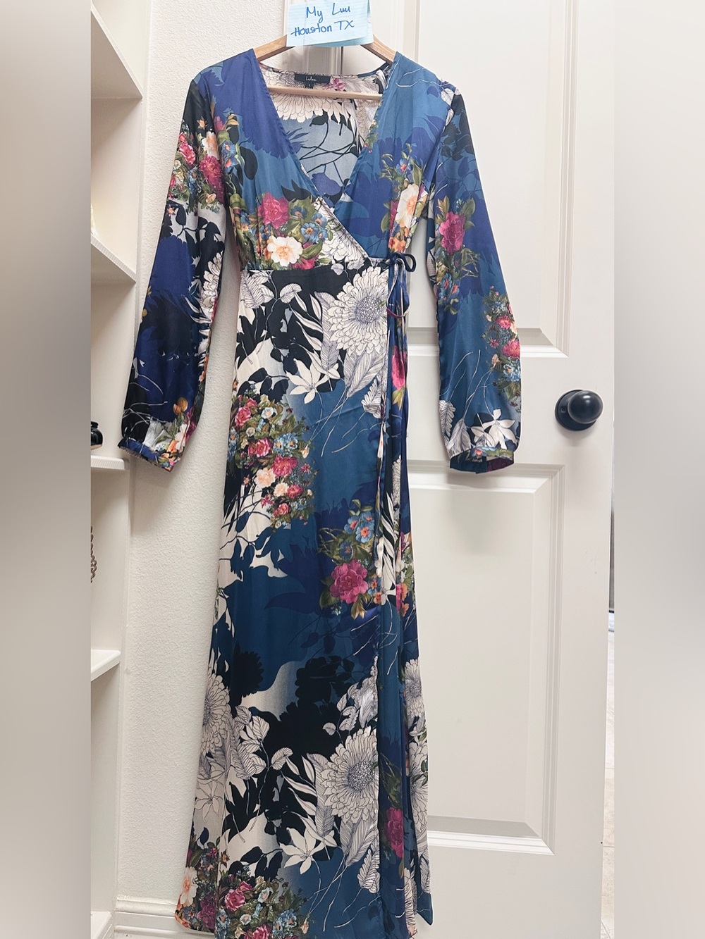 Lulu's Teal Floral Wrap Maxi Dress with Pink Accents